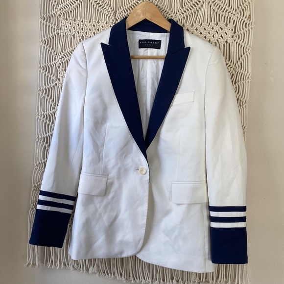 Equipment Femme White & Navy Wool-Blend Blazer Jacket | Size 2 - Picture 4 of 15